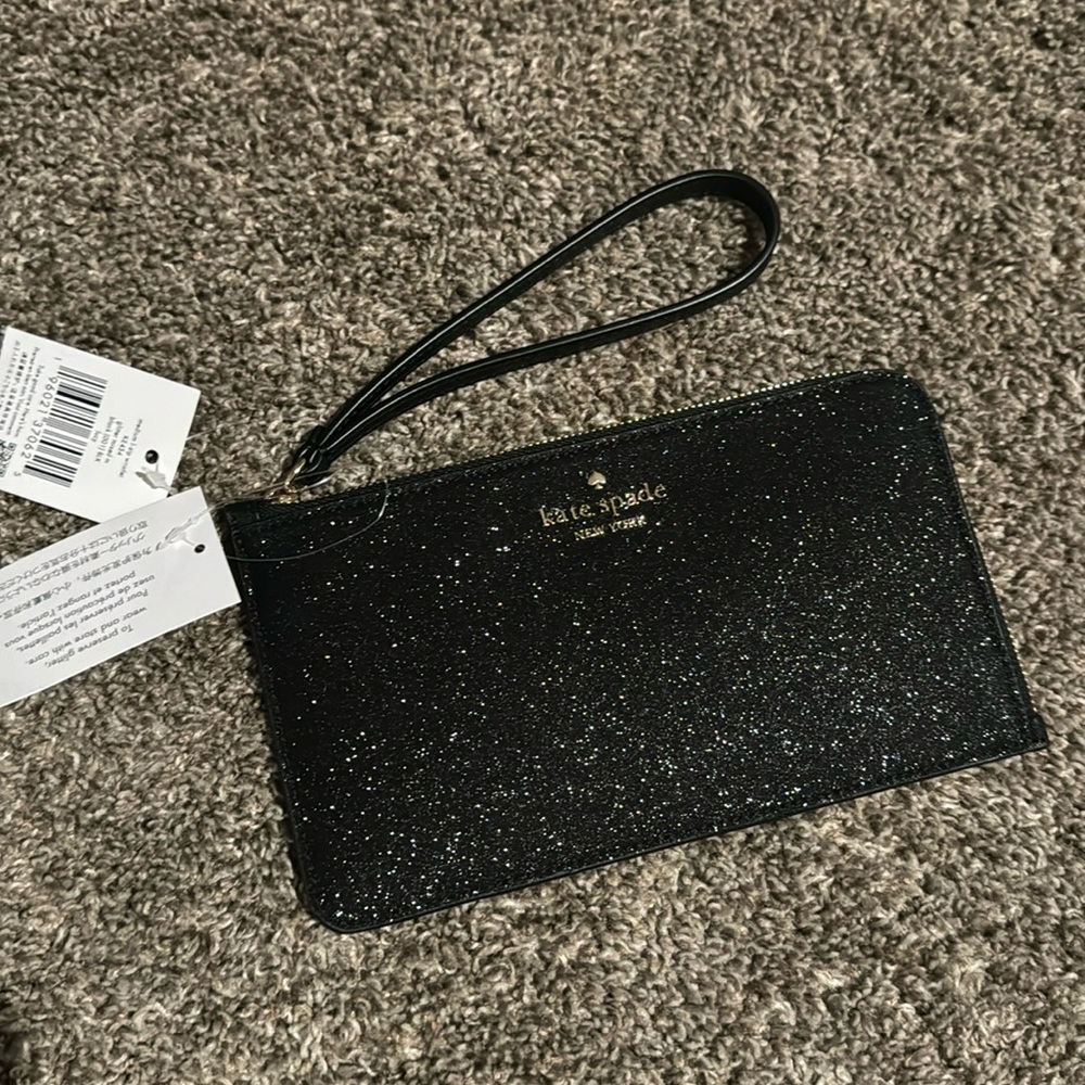 NWT Kate Spade New York Lucy Black Glitter Medium L-Zip Wristlet Retails $139